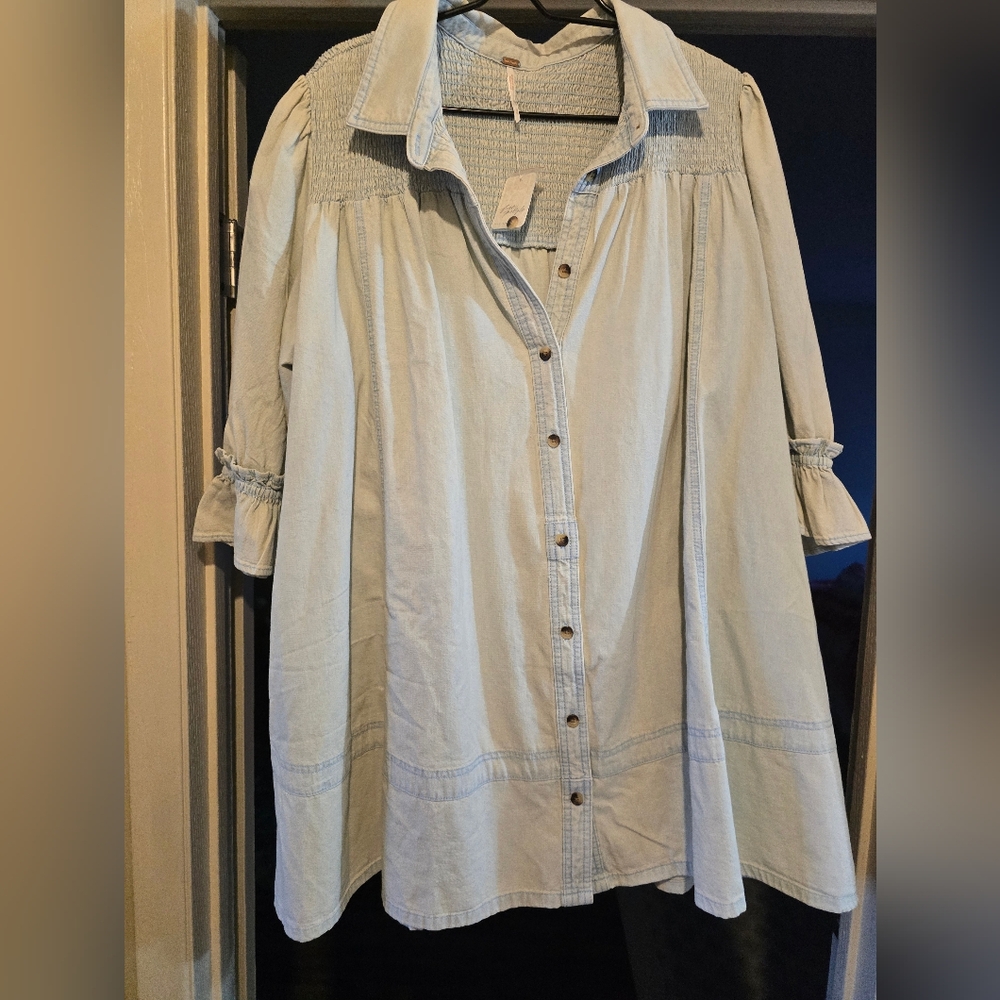 Free People Mini Dress In A Light Blue Denim Wash.  NWT. Never Worn.